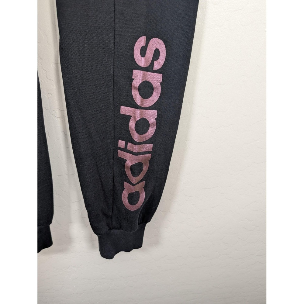 Adidas Pants Womens Medium Black Fleece Jogger Sweatpants Pink Leg Logo - Picture 6 of 14